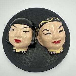 Asian Man Woman Face Wall Pockets Head Vases Hand Crafted Vtg